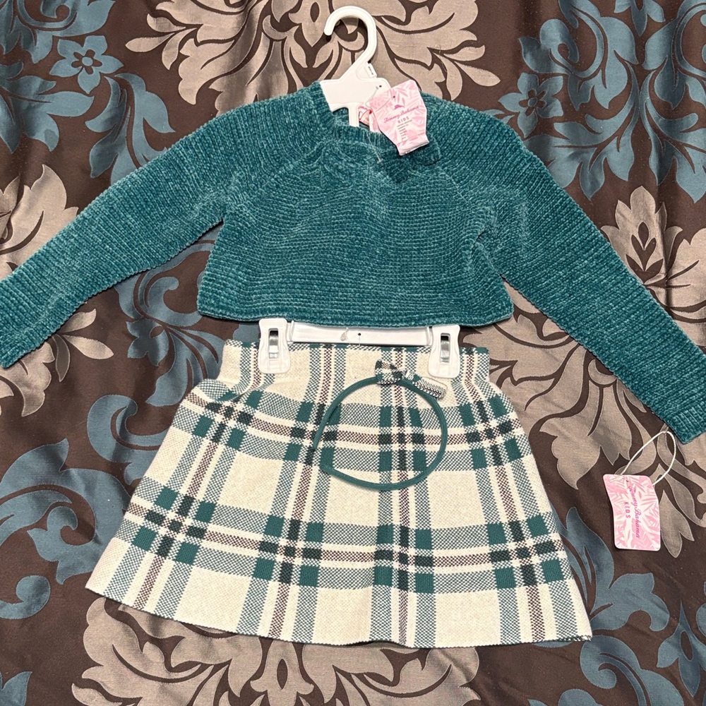 Girls Teal Chenille Sweater & Plaid Skirt Set - Kids Bottoms
